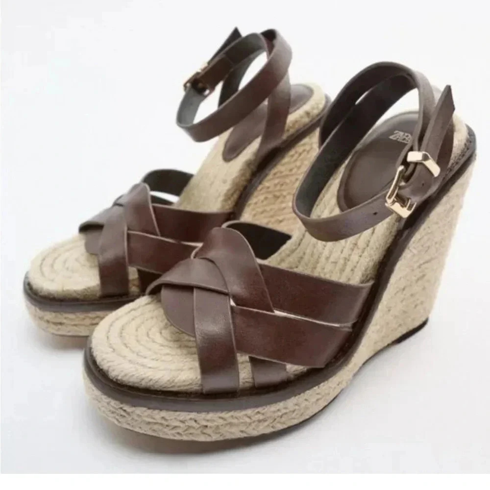 Zara Brown Espadrille Sandals with Woven Leather Straps
